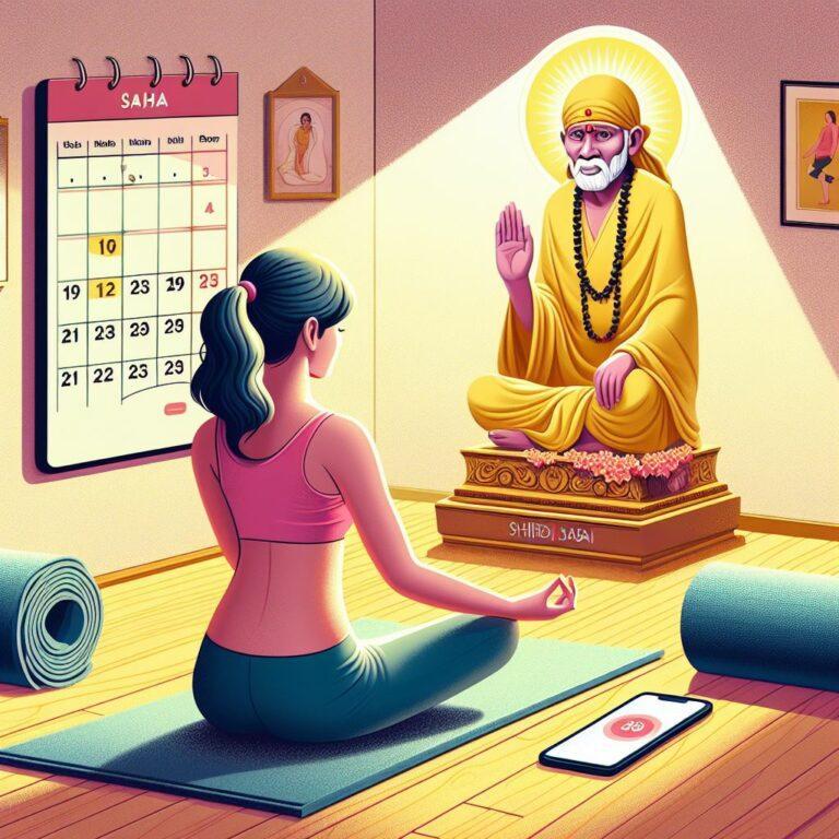 A woman with a peaceful expression sits on a prayer rug, facing a brightly lit statue of Shirdi Sai Baba. A calendar with a circled date hangs on the wall behind her. Next to the woman are yoga mats and a phone screen displaying a yoga video