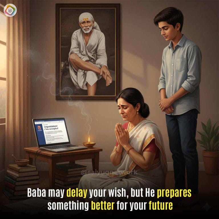 Ultra-realistic digital painting of an Indian mother sitting in her home prayer area with folded hands and emotional relief after her son receives college admission confirmation. A laptop or phone nearby displays a college admission result screen. Her teenage son stands beside her quietly with a softened, grateful expression. The setting should be a realistic modern Indian home with a peaceful devotional atmosphere. Books, exam papers, and admission documents are placed naturally on a nearby table. A framed portrait of Shirdi Sai Baba is clearly visible on the wall using the attached reference image exactly as provided. Use soft warm indoor evening lighting with a gentle devotional ambience throughout the room. Focus on parental worry turning into gratitude, trust in Baba’s timing, and emotional reassurance after academic stress. Keep composition grounded, intimate, uncluttered, and photorealistic.